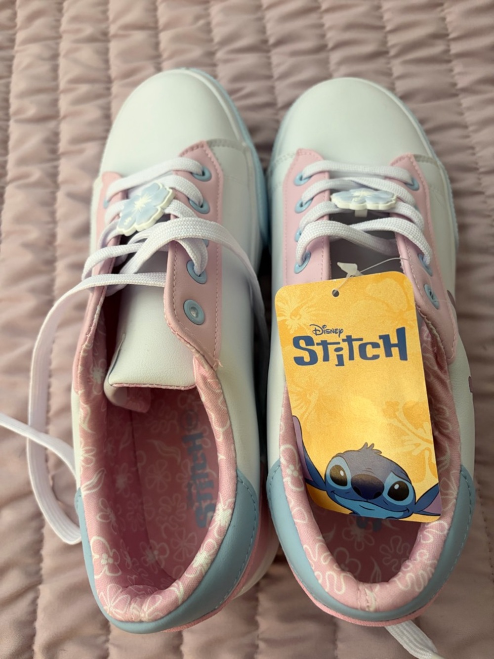 Disney White, Pink and Light Blue Stitch Low-Top Lace-Up Sneakers